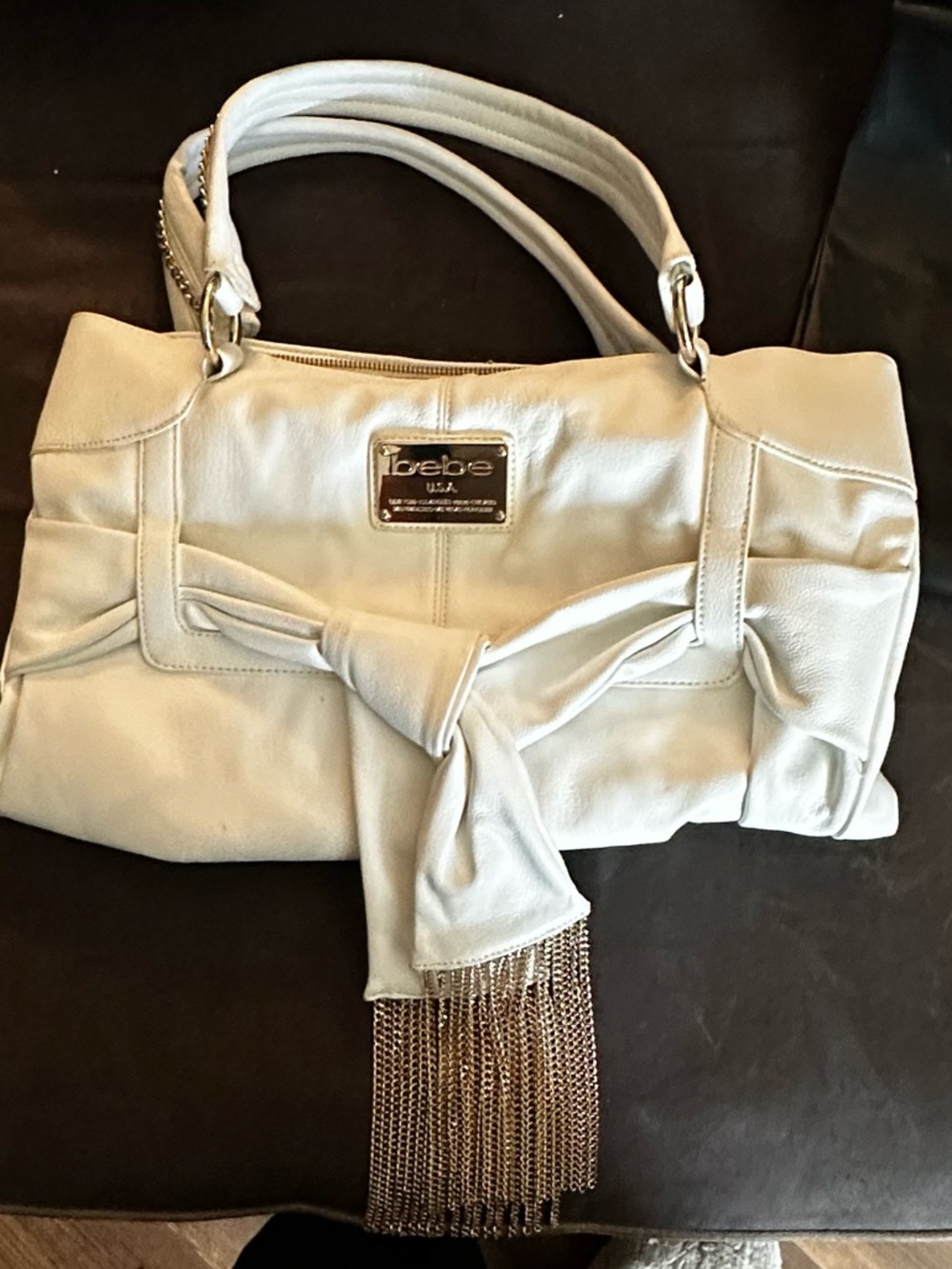 Bebe white large Satchel with Bow and Gold Chain Fringe